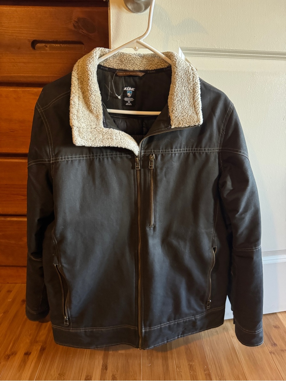 Kuhl Men's Dark Brown Jacket with Cream Sherpa Collar